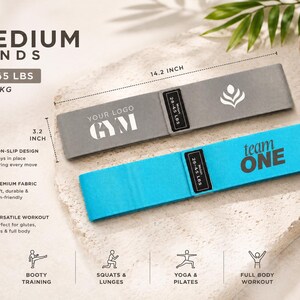 May include: Bring your own logo resitance bands light medium and heavy. Hip Resistance Band Resistance Band for Working Out Custom Logo Fitness Band Non Slip Fabric Hip & Glute Band Squat Booty and Leg Exercise yoga studio band Pilats cutsom bands, spa and medical office personalize bring your logo non slip resistance bands