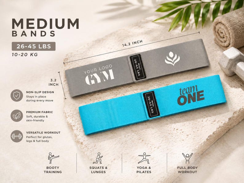 May include: Bring your own logo resitance bands light medium and heavy. Hip Resistance Band Resistance Band for Working Out Custom Logo Fitness Band Non Slip Fabric Hip & Glute Band Squat Booty and Leg Exercise yoga studio band Pilats cutsom bands, spa and medical office personalize bring your logo non slip resistance bands