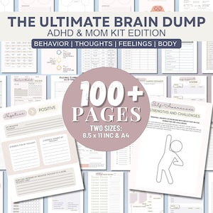 Może przedstawiać: Cyfrowy planer zatytułowany "The Ultimate Brain Dump ADHD & Mom Kit Edition". Planer zawiera ponad 100 stron z sekcjami dotyczącymi zachowania, myśli, uczuć i ciała. Dostępny w rozmiarach 21,6 x 27,9 cm i A4.