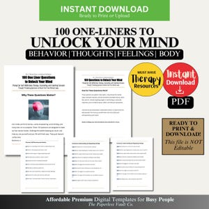 May include: A digital download of 100 one-liner questions to unlock your mind. The printable PDF download is divided into four sections: behavior, thoughts, feelings, and body. The document is designed to help you reflect on your mental health and well-being.