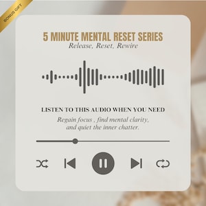 May include: A grey digital audio player with a white background. The player has a title that reads "5 MINUTE MENTAL RESET SERIES Release, Reset, Rewire". The player also has a progress bar, play, pause, rewind, and fast forward buttons.
