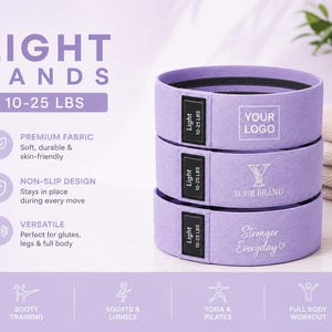 May include: Bring your own logo resitance bands light medium and heavy. Hip Resistance Band Resistance Band for Working Out Custom Logo Fitness Band Non Slip Fabric Hip & Glute Band Squat Booty and Leg Exercise yoga studio band Pilats cutsom bands, spa and medical office personalize bring your logo non slip resistance bands