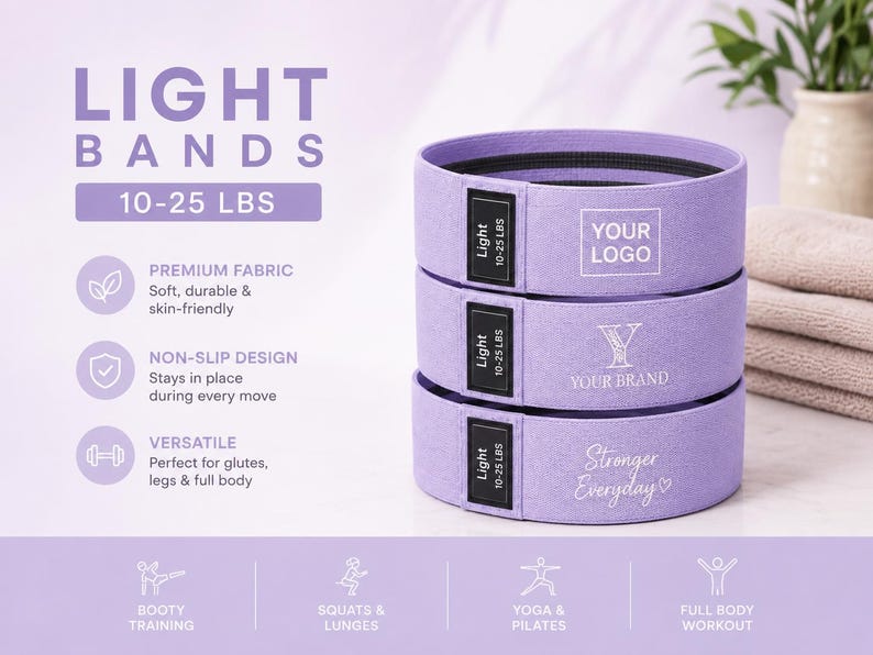 May include: Bring your own logo resitance bands light medium and heavy. Hip Resistance Band Resistance Band for Working Out Custom Logo Fitness Band Non Slip Fabric Hip & Glute Band Squat Booty and Leg Exercise yoga studio band Pilats cutsom bands, spa and medical office personalize bring your logo non slip resistance bands