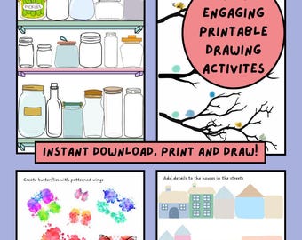 Zeichenaktivitäten, druckbare kreative Kunstübungen, achtsames Zeichnen für Kinder, fantasievolle Kritzeleien, herunterladbare Arbeitsblätter für therapeutische Kunst