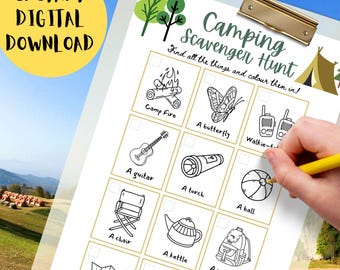 Camping Schnitzeljagd, druckbare Aktivitäten, Urlaubsspiel, Erkunden und Jagen, Kinderreiseaktivitäten, Campingspiel, Familie Outdoor-Suche