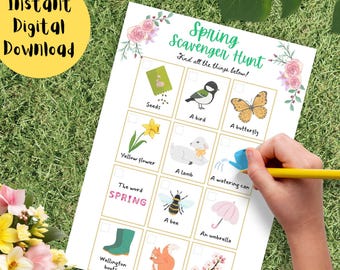 Frühlings-Schnitzeljagd, druckbare Kinderaktivitäten, Spielen im Freien, Naturjagd, Hausschulaktivitäten, Naturspaziergang, Jahreszeiten, Familiensuche