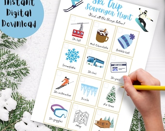 Ski Trip Schnitzeljagd, Druckbare Aktivitäten, Urlaubsspiele, Erkunden und Jagen, Reiseaktivitäten, Alpine Spiele, Familienurlaub