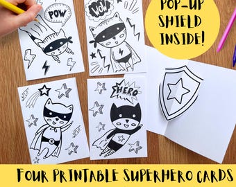 Pop Up Superheld Karten, druckbare Kinder Färbung Bundle, Hausgemachte Karte drucken, 3D geschnitten Handwerk Aktivität, Super Star Kinder Party, Sofort Download