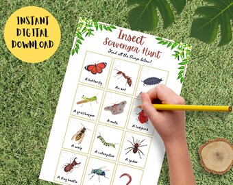 Insekten Schnitzeljagd, Druckbare Aktivitäten, Kinder Mini-Tiersuche, Lernspiele, Familie im Freien erkunden, Insektenanatomie erkennen