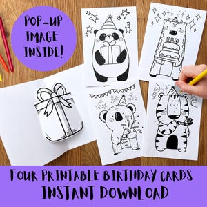 Cartões de aniversário de animais pop-up, pacote de colorir para crianças, imprimir cartão caseiro, atividade de artesanato com corte 3D, festa infantil, download instantâneo