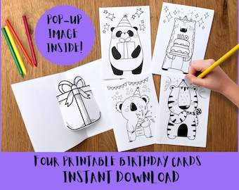Pop-up-Geburtstagskarten zum Ausdrucken, druckbare Kinderfarben, handgefertigte Karte drucken, 3D-Schnitt, Bastelaktivität, Kinderparty, Sofort-Download