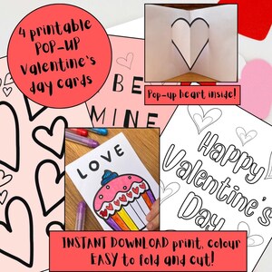 4 cartes de Saint-Valentin imprimables pop-up, lot de coloriage pour enfants, cartes à imprimer pour la classe, Saint-Valentin coeur pop-up, modèle d'école à la maison