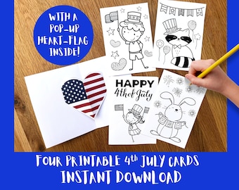 Pop-Up-4. Juli-Karten, druckbare Kinder Malpaket, Hausgemachte Karte drucken, 3D-Schnitt, Bastelaktivität, In anschließender Download
