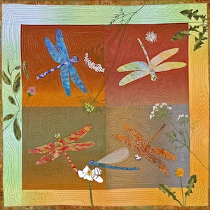 Dragonflies,  a PDF (DOWNLOADABLE) Machine Applique Pattern for a Wall Quilt by Debora Konchinsky, Critter Pattern Works