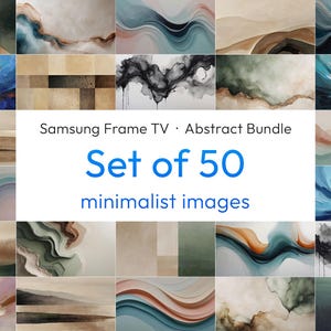 May include: A collection of 50 minimalist abstract images for Samsung Frame TV. The images feature a variety of color palettes and styles, including watercolor and landscape-inspired designs. The text on the image reads "Samsung Frame TV • Abstract Bundle Set of 50 minimalist images."