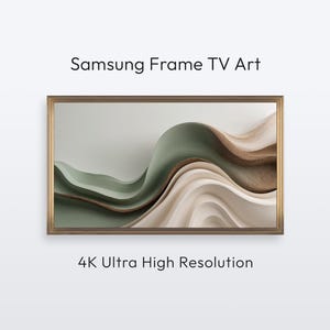 May include: A framed digital artwork for Samsung Frame TV. The image shows abstract, flowing shapes in green, brown, and white. The frame is gold-coloured. Text at the top reads "Samsung Frame TV Art" and at the bottom "4K Ultra High Resolution."