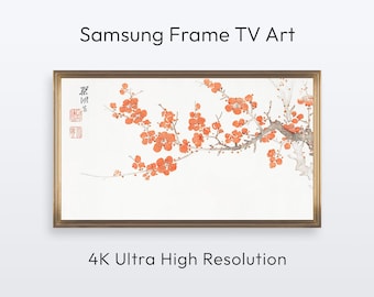 Cadre TV Samsung avec cadre en forme de fleur de prunier : peinture à l’encre japonaise vintage (téléchargement d’impression numérique 4K)