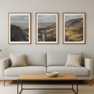 May include: Three framed landscape prints with brown wooden frames hang above a light gray sofa. The prints depict mountainous terrain with a river and cloudy skies. A wooden coffee table and a floor lamp are in front of the sofa.