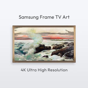 Puede incluir: Pintura de paisaje enmarcada de un paisaje marino con olas rompiendo y una puesta de sol. La obra de arte se muestra sobre un fondo blanco y está etiquetada como "Samsung Frame TV Art" y "4K Ultra High Resolution."