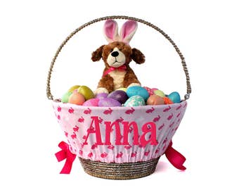 Personalized Easter Basket Liner Size Small, Easter Basket Liner, Custom Basket Liner, Basket not included - Pink Rabbits