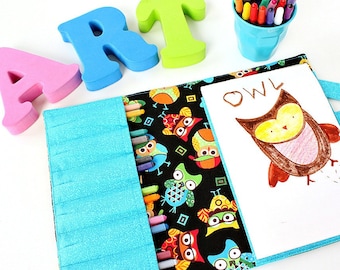 Crayon wallet, crayon case, children's art toy, crayon holder, coloring toy, crayon artist case, travel toy, crayon roll - Blue Owls