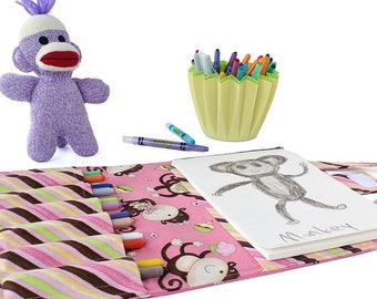 Crayon wallet, crayon case, children's art toy, crayon holder, kids coloring toy, crayon artist case, travel toy, crayon roll - Sweet Monkey