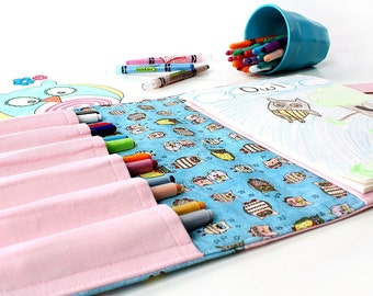 Crayon wallet, crayon case, children's art toy, crayon holder, coloring toy, crayon artist case, travel toy, crayon roll - Tiny Owls