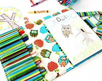 Crayon wallet, crayon case, children's art toy, crayon holder, coloring toy, crayon artist case, travel toy, crayon roll - Gingham Owls