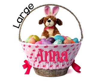 Large Personalized Easter Basket Liner For Oversized Easter Baskets, Custom Basket Liner, Basket not included -  Pink Rabbits