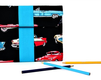 Classic Cars Pencil Portfolio, pencil organizer, colored pencil holder, art caddy, drawing tablet, artist sketchbook