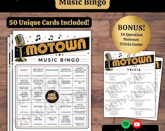 Motown Music Bingo & Trivia Bundle, Printable Party Games, 50 Bingo Cards + 10 Question Quiz, Spotify YouTube Playlist, Soul Music PDF