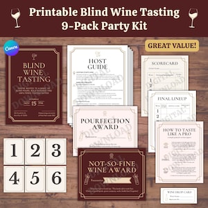 Degustazione di vini alla cieca stampabile / Pacchetto di giochi per feste a tema vino rosso / Guida per l'ospite, schede punteggi per degustazioni di vini, etichette, premi / Idee per serate a tema vino