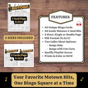 printable music bingo game with 50 unique cards, 40 Motown and soul songs, Spotify playlist access and trivia