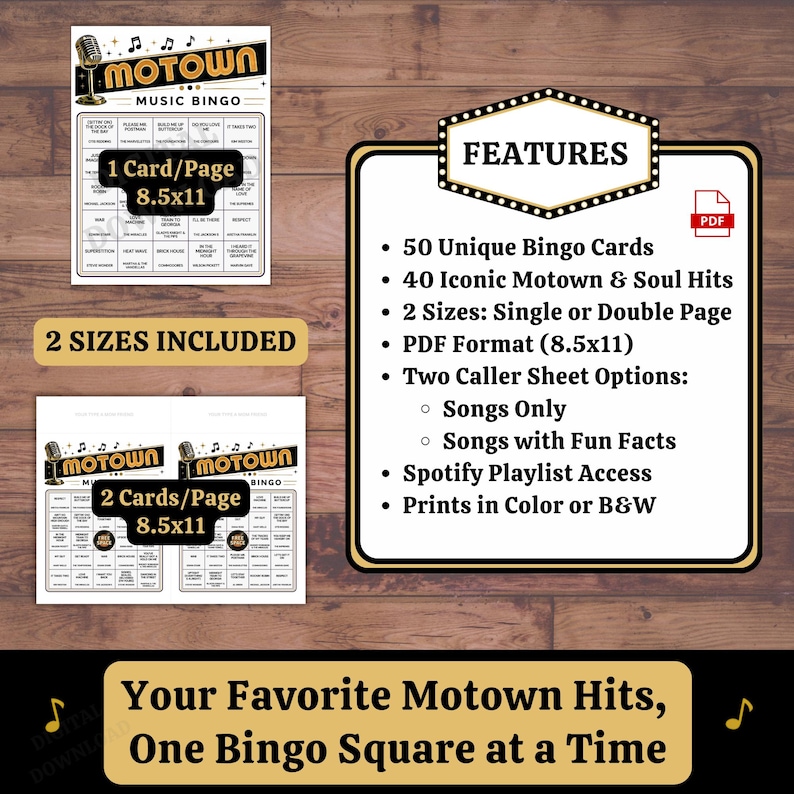 printable music bingo game with 50 unique cards, 40 Motown and soul songs, Spotify playlist access and trivia