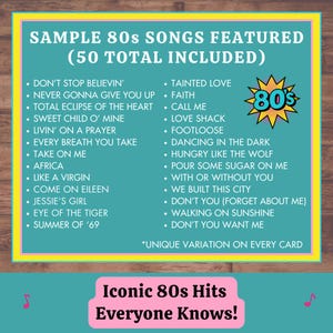 80s Music Bingo caller’s card with three ways to play: call mode, draw mode, or Spotify playlist mode.