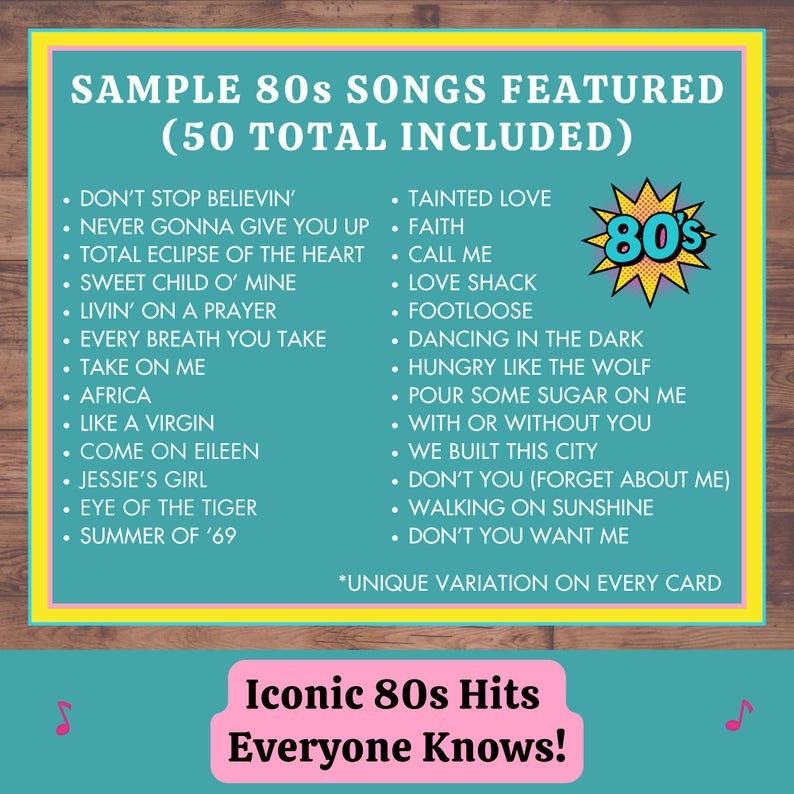 80s Music Bingo caller’s card with three ways to play: call mode, draw mode, or Spotify playlist mode.