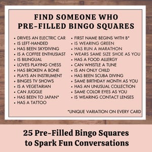 List of 25 pre-filled “Find Someone Who” Bingo squares, sparking conversations like ‘has run a marathon’ or ‘can juggle,’ designed for networking, corporate events, and classroom icebreakers.