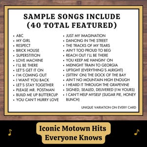 Motown and soul music bingo song list featuring classic hits for party game playlist and printable cards