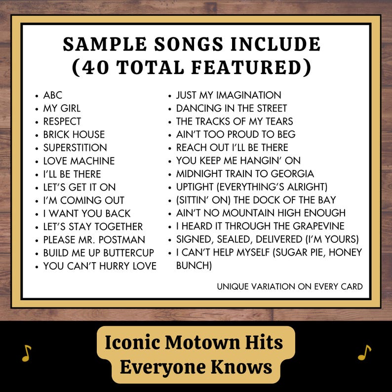 Motown and soul music bingo song list featuring classic hits for party game playlist and printable cards