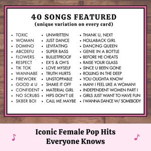 Pop diva music bingo songs list featuring iconic female pop hits everyone knows