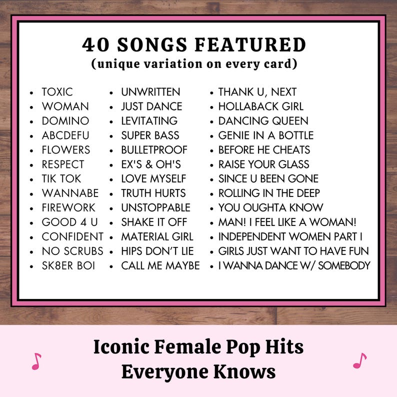 Pop diva music bingo songs list featuring iconic female pop hits everyone knows