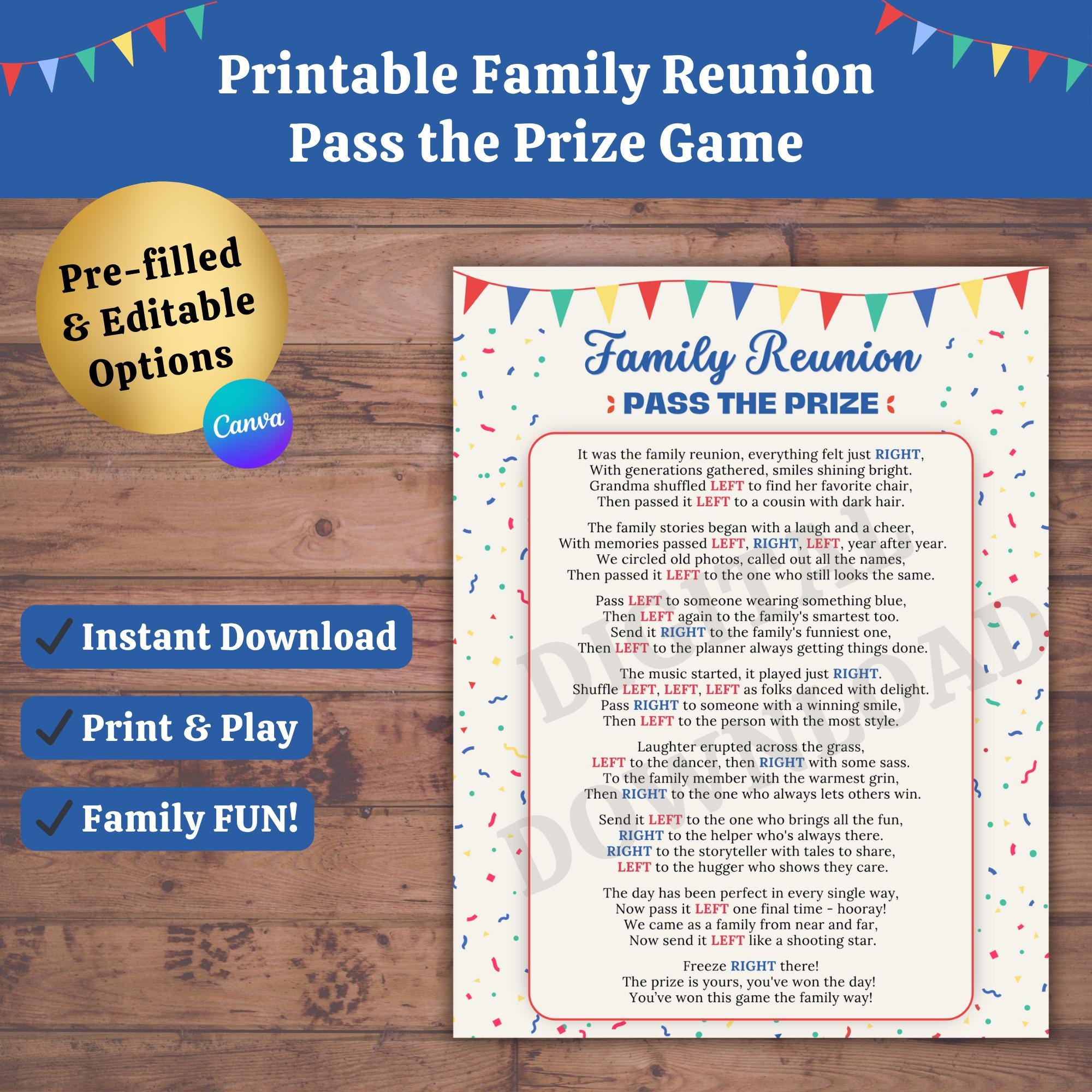 Family Reunion Pass the Prize – Printable Left Right Story Activity for All Ages PDF