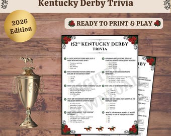 Kentucky Derby Trivia Game Printable 2026 - Derby Party Game with Answer Key & Fun Facts, Horse Racing Party Activity PDF
