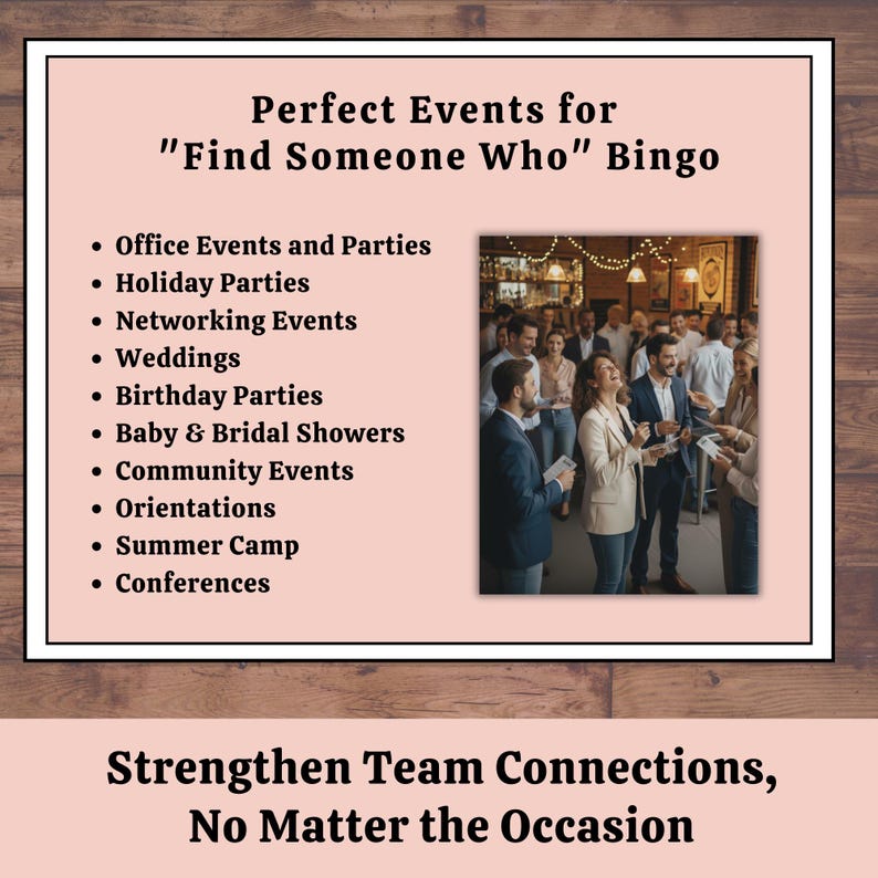 Perfect events for “Find Someone Who” Bingo: office parties, networking events, weddings, birthday parties, showers, summer camp, and conferences – group of professionals playing bingo together.