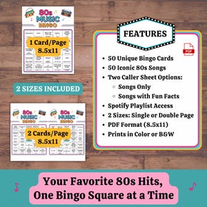 Editable 80s Music Bingo set – includes 50 bingo cards, 2 sizes (8.5x11 single or double per page), caller sheets with 80s song facts, Spotify playlist access, printable PDF for parties.