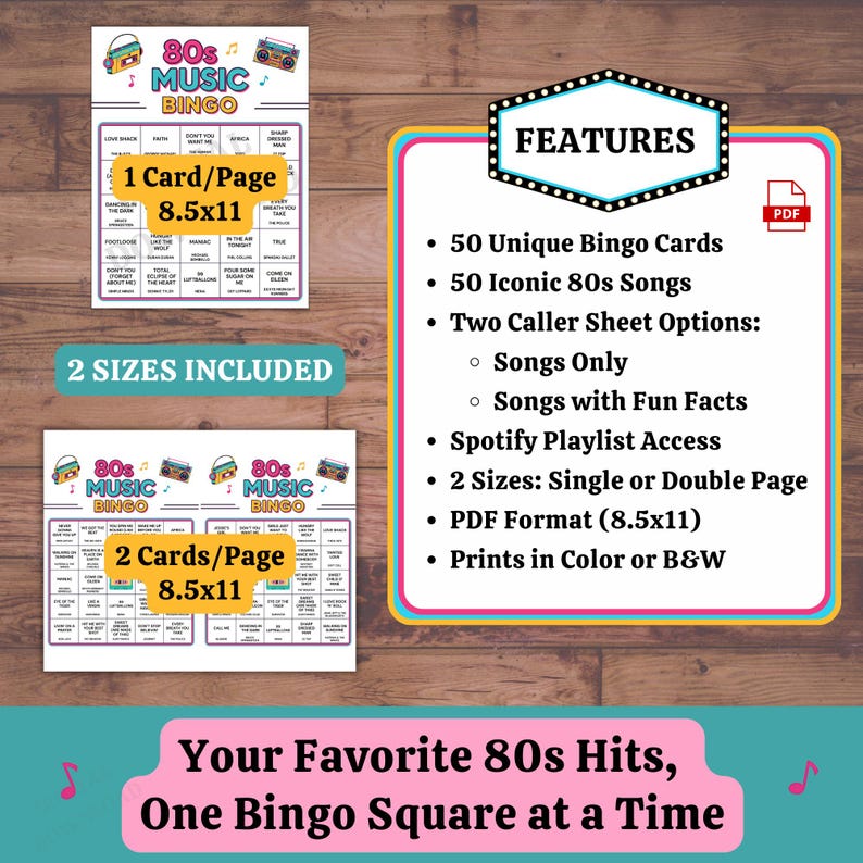 Editable 80s Music Bingo set – includes 50 bingo cards, 2 sizes (8.5x11 single or double per page), caller sheets with 80s song facts, Spotify playlist access, printable PDF for parties.