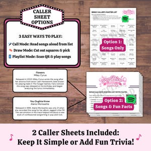 Pop diva music bingo caller sheets with song list trivia facts and Spotify playlist option