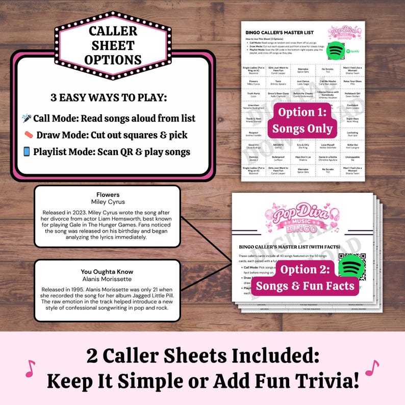 Pop diva music bingo caller sheets with song list trivia facts and Spotify playlist option