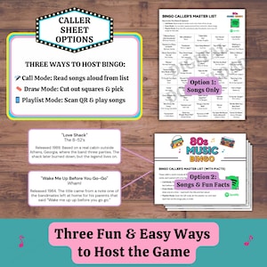 80s Music Bingo printable party game – three hosting options with caller sheets (songs only or songs with fun facts), QR code playlist mode, fun 1980s trivia activity for birthdays and game nights.