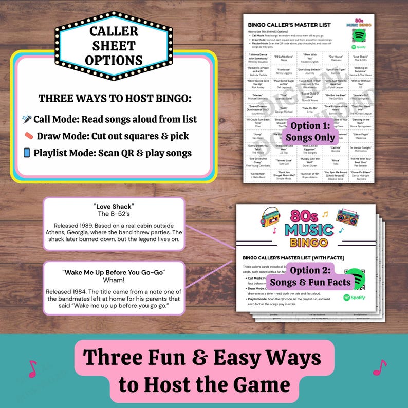80s Music Bingo printable party game – three hosting options with caller sheets (songs only or songs with fun facts), QR code playlist mode, fun 1980s trivia activity for birthdays and game nights.